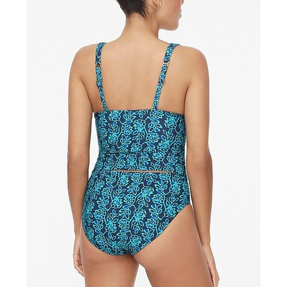 J.Crew Ruched Plunge Tankini Top WMNS M Blue Floral Print Lined Adjustable Strap - Picture 3 of 9
